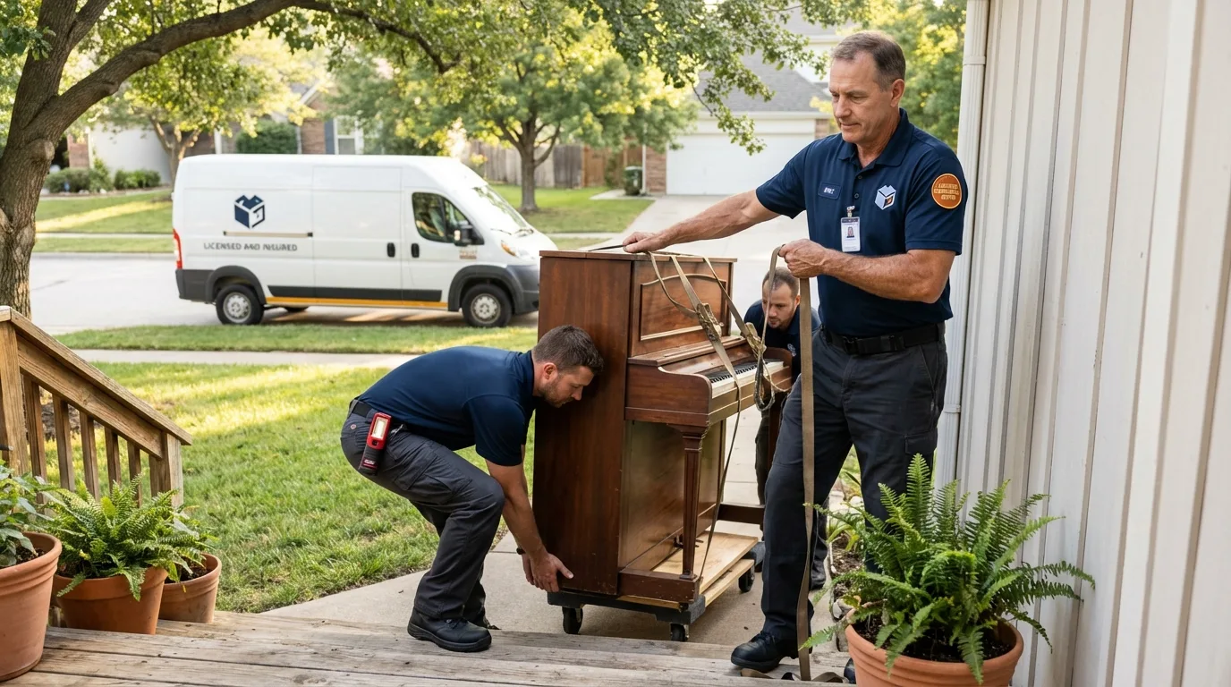 Licensed piano movers securing grand piano in Woolwich, ME