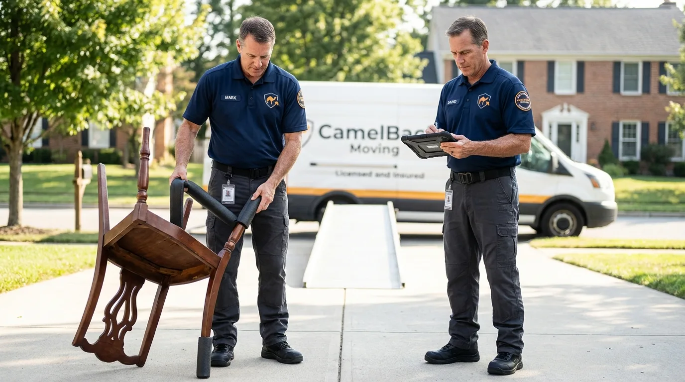 Movers inspecting furniture for damage prevention before loading in Woolwich, ME