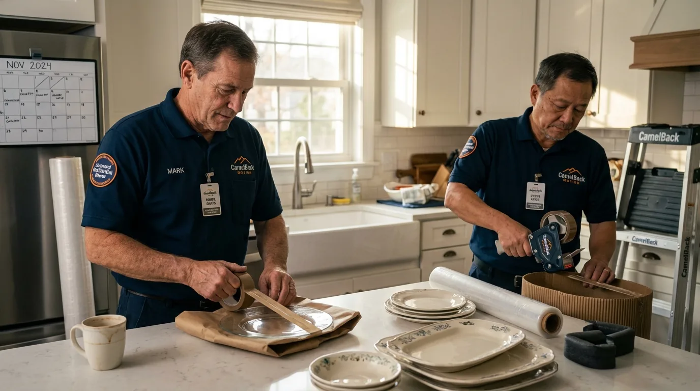 Professional crew packing kitchen dishware in Woolwich, ME